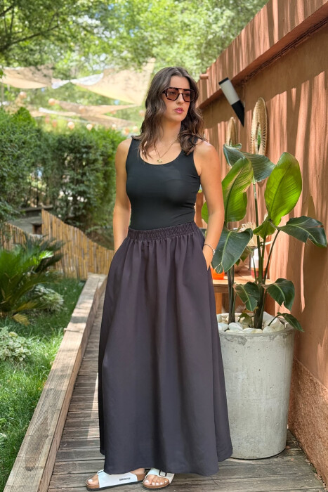 ONE COLOR EALSTIC SIMPLE LONG WOMEN SKIRT BLACK/ E ZEZE - 2