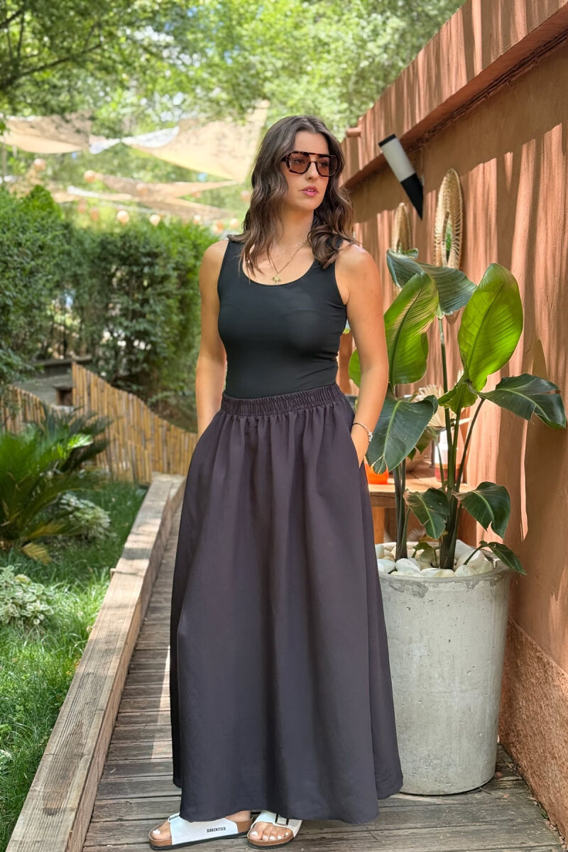ONE COLOR EALSTIC SIMPLE LONG WOMEN SKIRT BLACK/ E ZEZE - 2