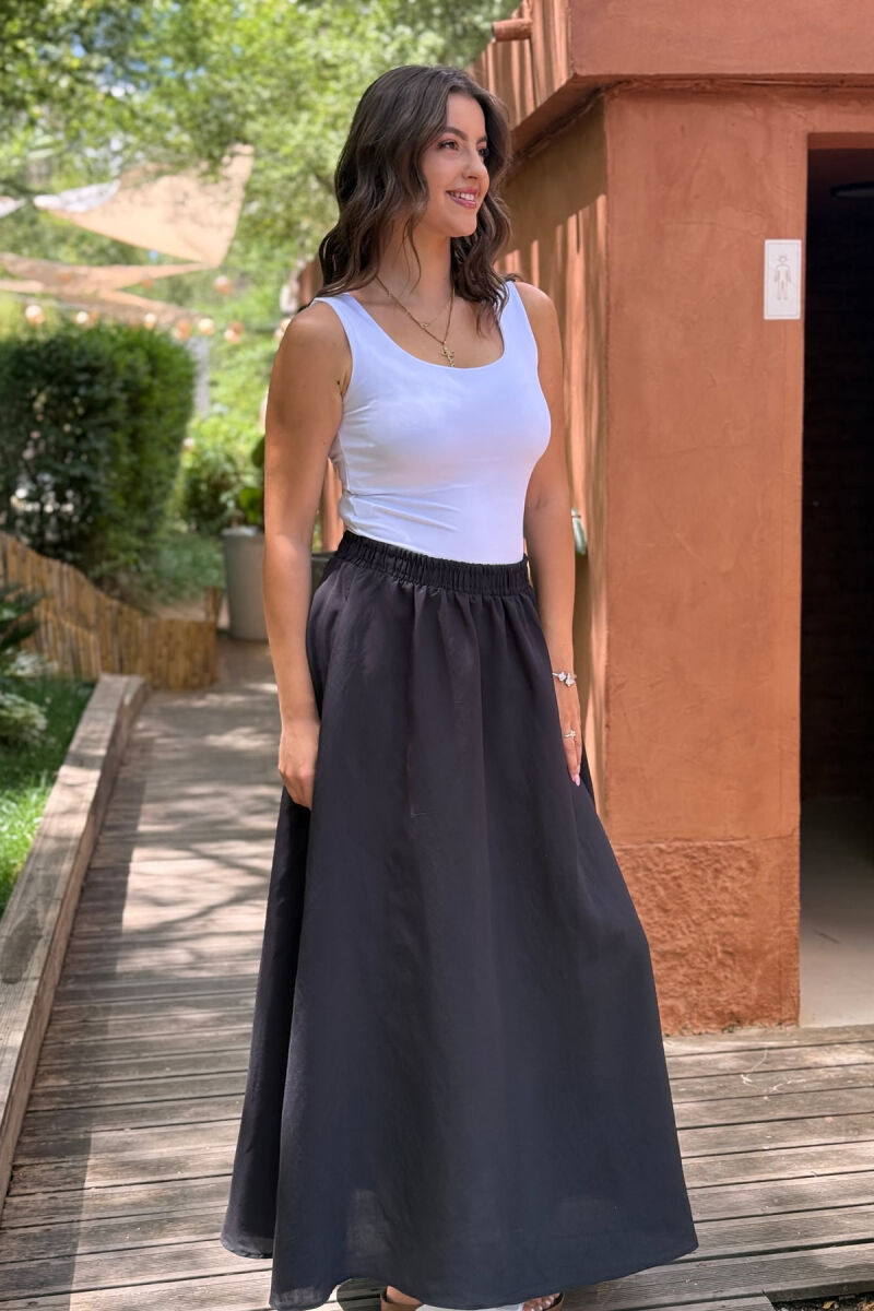 ONE COLOR EALSTIC SIMPLE LONG WOMEN SKIRT BLACK/ E ZEZE - 4