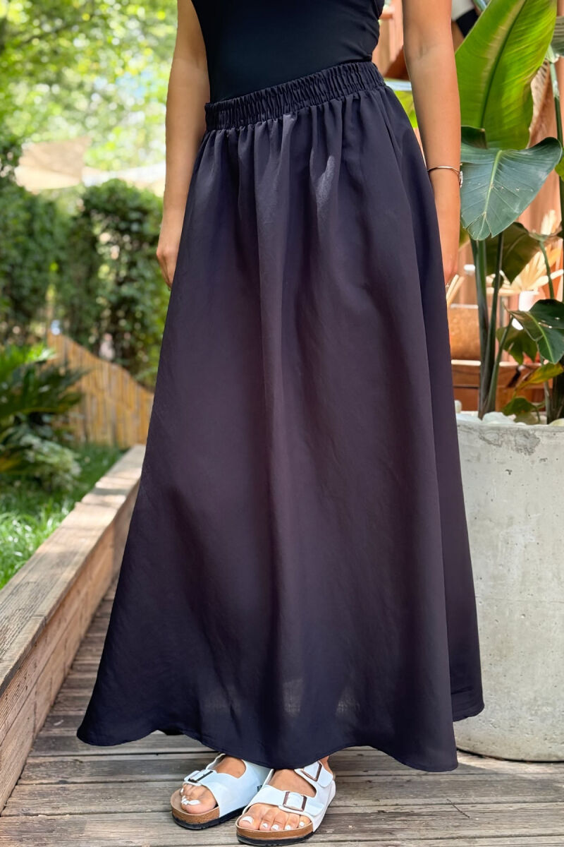 ONE COLOR EALSTIC SIMPLE LONG WOMEN SKIRT BLACK/ E ZEZE - 1