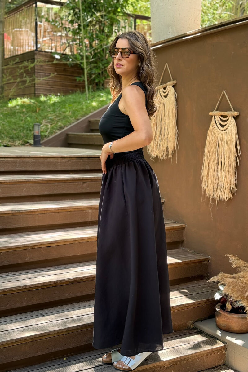 ONE COLOR EALSTIC SIMPLE LONG WOMEN SKIRT BLACK/ E ZEZE - 7