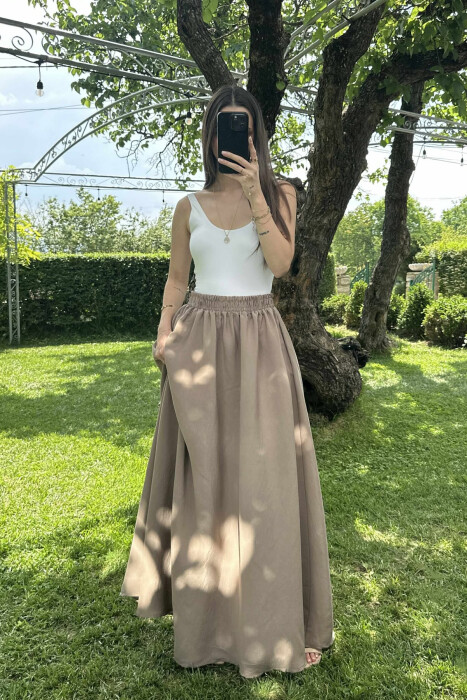 ONE COLOR EALSTIC SIMPLE LONG WOMEN SKIRT LIGHT BROWN/KAZB - 4