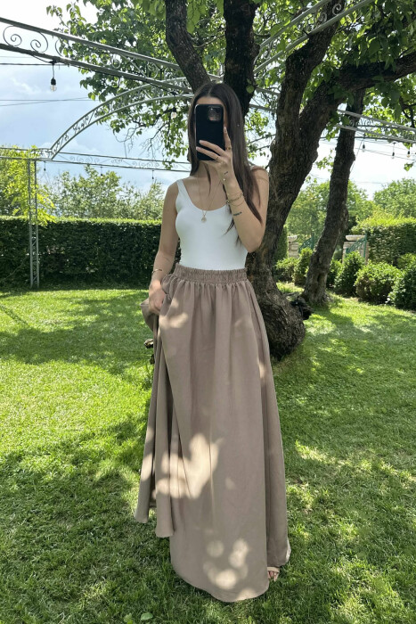 ONE COLOR EALSTIC SIMPLE LONG WOMEN SKIRT LIGHT BROWN/KAZB - 6
