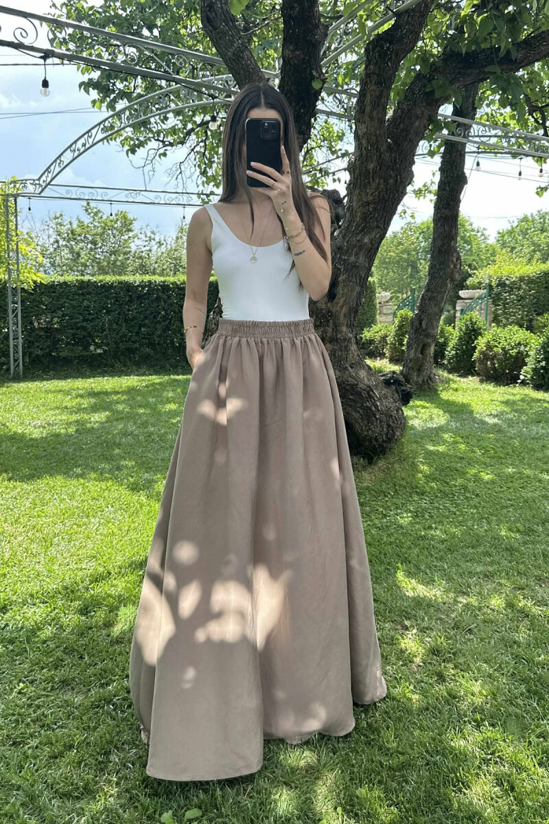 ONE COLOR EALSTIC SIMPLE LONG WOMEN SKIRT LIGHT BROWN/KAZB - 8