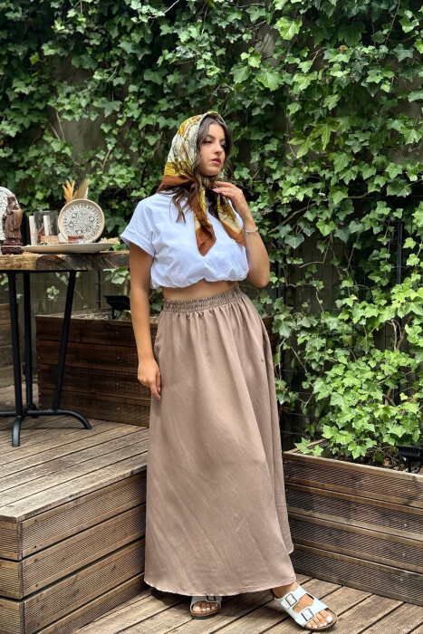 ONE COLOR EALSTIC SIMPLE LONG WOMEN SKIRT LIGHT BROWN/KAZB - 5