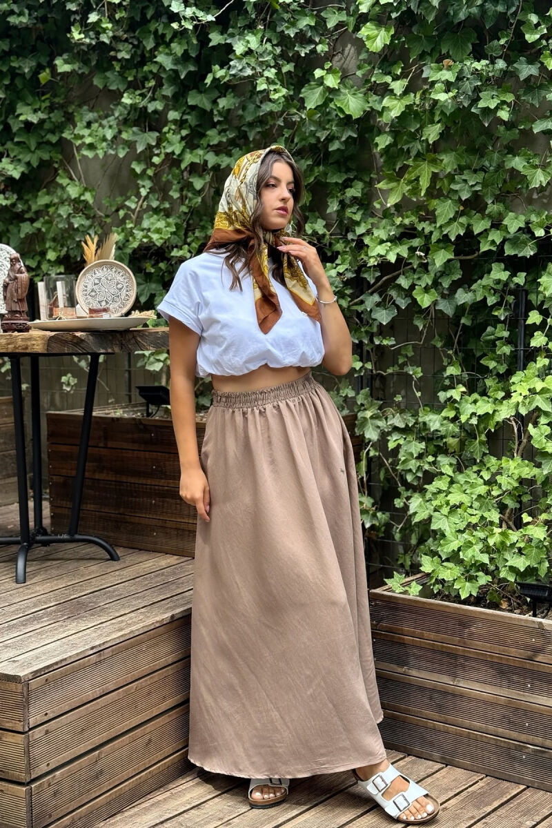 ONE COLOR EALSTIC SIMPLE LONG WOMEN SKIRT LIGHT BROWN/KAZB - 5