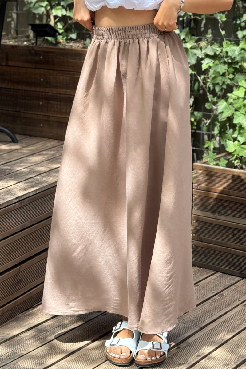 ONE COLOR EALSTIC SIMPLE LONG WOMEN SKIRT LIGHT BROWN/KAZB - 1