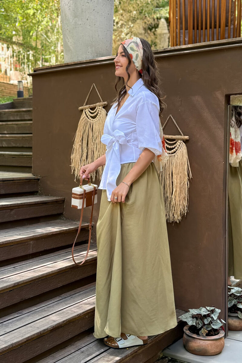 ONE COLOR EALSTIC SIMPLE LONG WOMEN SKIRT OLIVE/ULLI - 4