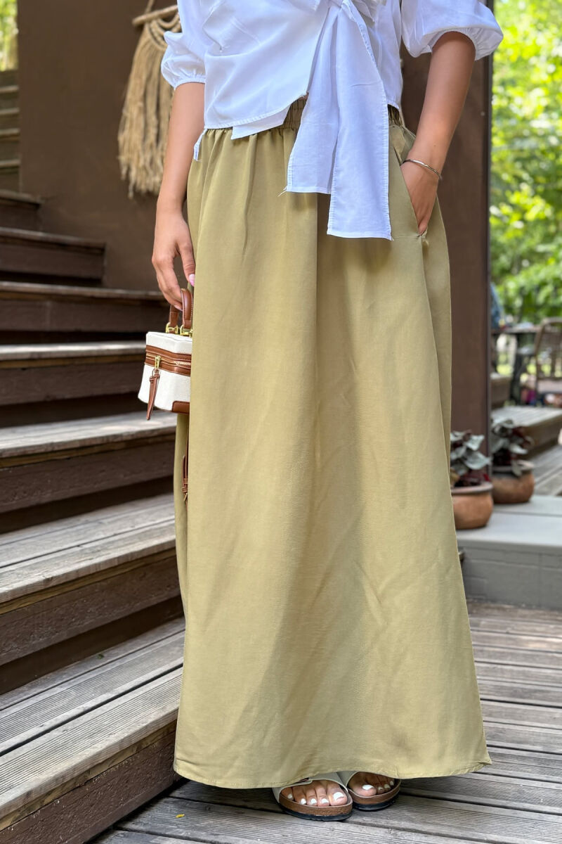 ONE COLOR EALSTIC SIMPLE LONG WOMEN SKIRT OLIVE/ULLI - 1