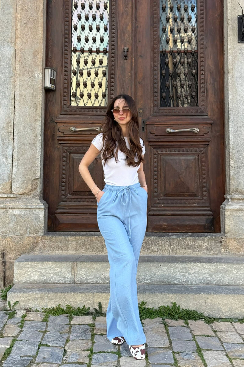 ONE COLOR ELASTIC BELT LACING DETAIL WOMAN TROUSERS BABY BLUE/BLU BY - 5