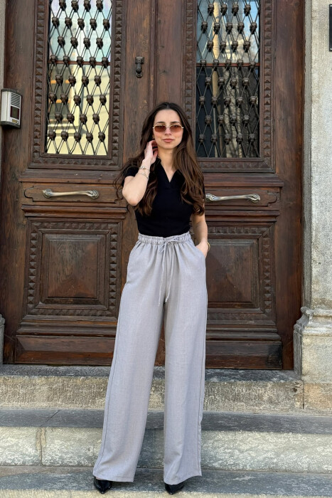 ONE COLOR ELASTIC BELT LACING DETAIL WOMAN TROUSERS GREY/GRI - 1