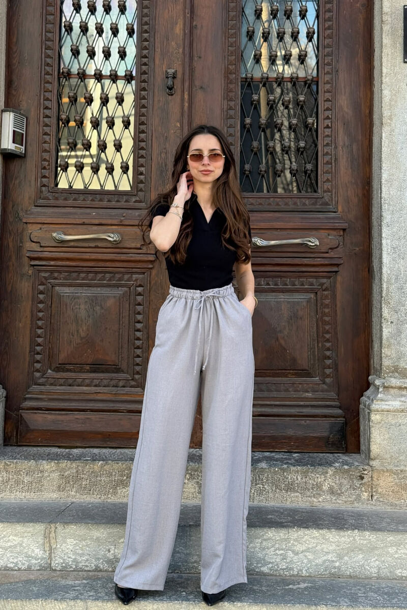 ONE COLOR ELASTIC BELT LACING DETAIL WOMAN TROUSERS GREY/GRI - 1