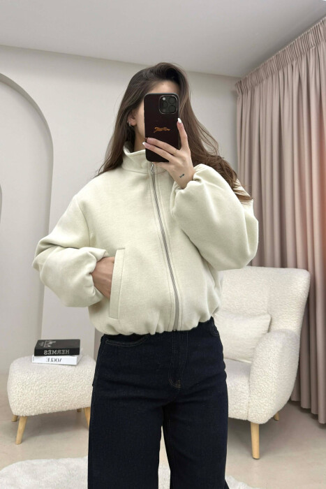 ONE COLOR ELASTIC BELT WOMAN COAT CREAM/KREM - 2