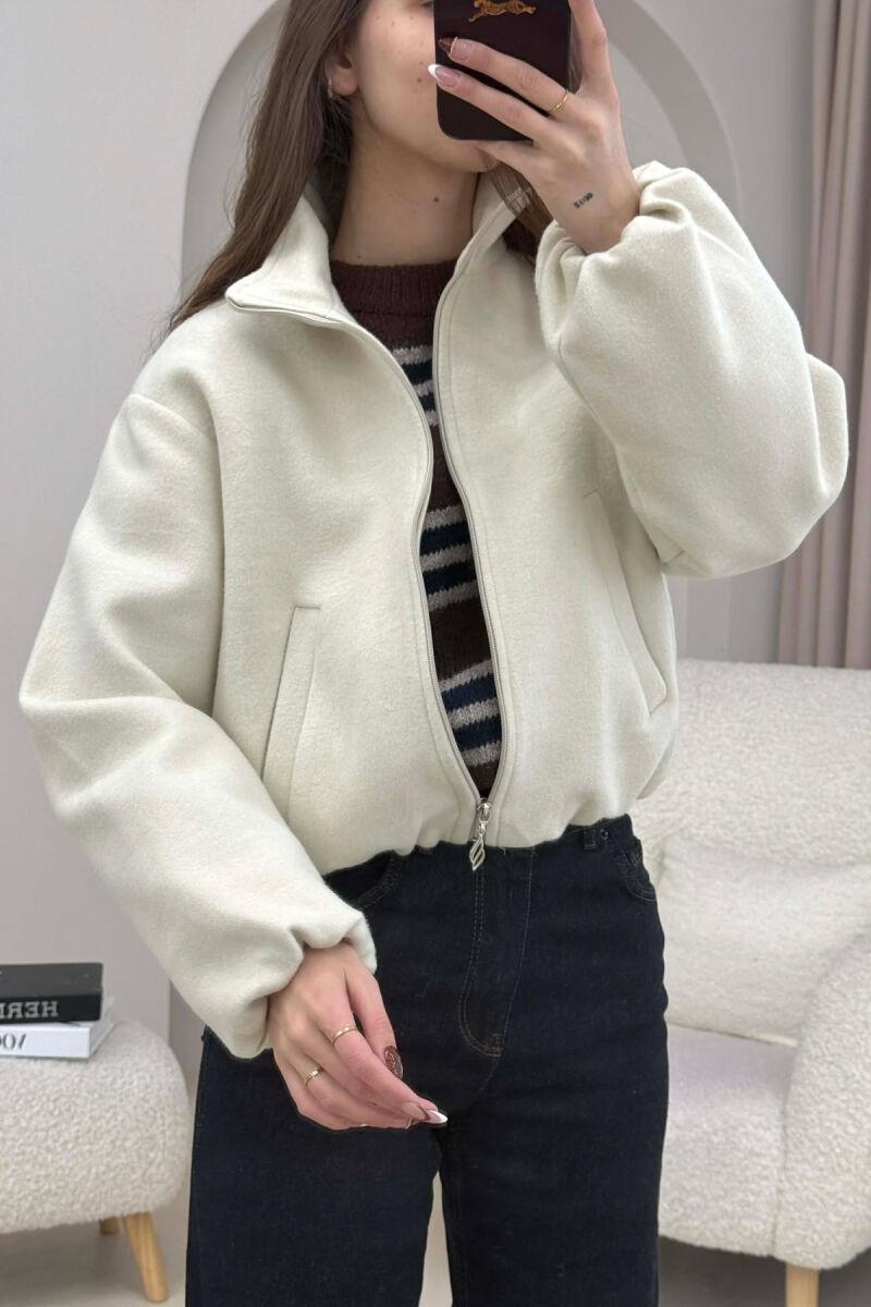 ONE COLOR ELASTIC BELT WOMAN COAT CREAM/KREM - 1