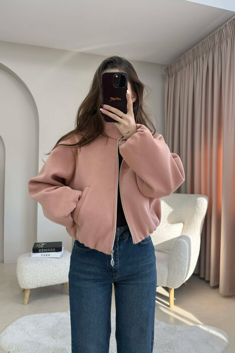 ONE COLOR ELASTIC BELT WOMAN COAT POWDER/PUDER 