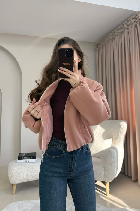 ONE COLOR ELASTIC BELT WOMAN COAT POWDER/PUDER - 3