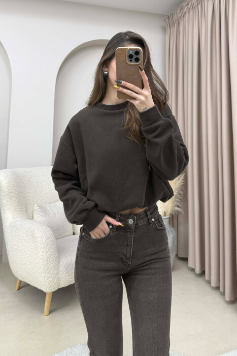 ONE COLOR ELASTIC END WOMEN SWEATSHIRT BROWN/KAFE - 2