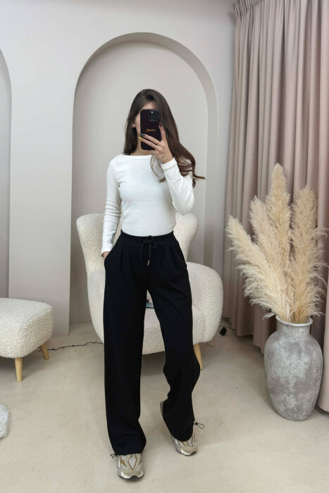 ONE COLOR ELASTIC WAIST LACINGS WOMEN SWEATPANTS BLACK/ E ZEZE - 2