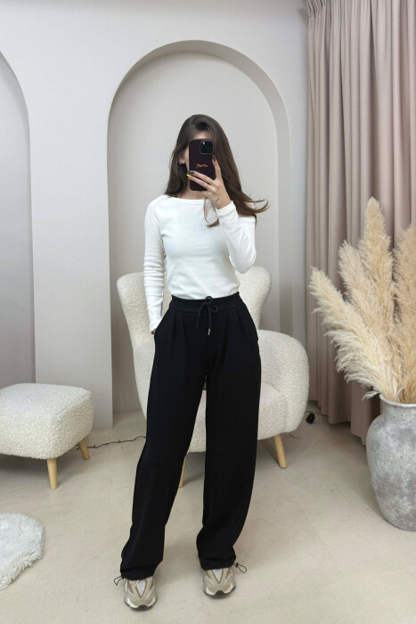 ONE COLOR ELASTIC WAIST LACINGS WOMEN SWEATPANTS BLACK/ E ZEZE - 3