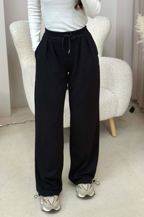ONE COLOR ELASTIC WAIST LACINGS WOMEN SWEATPANTS BLACK/ E ZEZE - 1