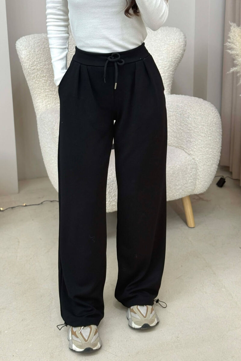 ONE COLOR ELASTIC WAIST LACINGS WOMEN SWEATPANTS BLACK/ E ZEZE - 1