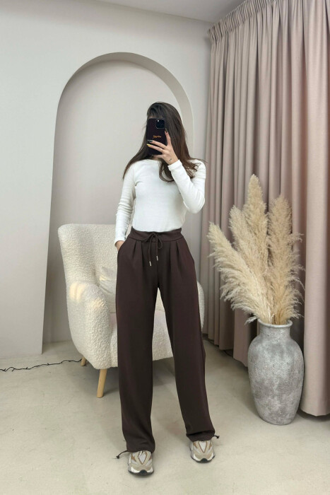 ONE COLOR ELASTIC WAIST LACINGS WOMEN SWEATPANTS BROWN/KAFE - 3