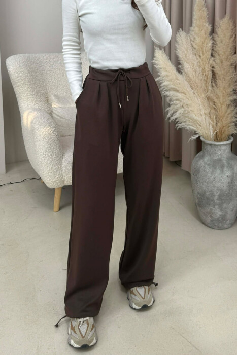 ONE COLOR ELASTIC WAIST LACINGS WOMEN SWEATPANTS BROWN/KAFE - 1