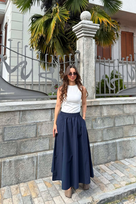 ONE COLOR ELASTIC WAIST LONG WOMEN SKIRT BLUE/BLU - KLAUDIO FASHION