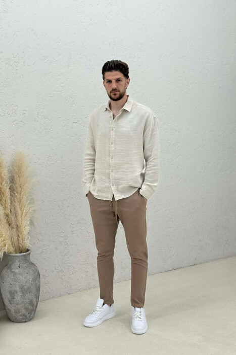 PANTALLONA ME BEL ELASTIK PER MESHKUJ NE NGJYRE KAFE - KLAUDIO FASHION