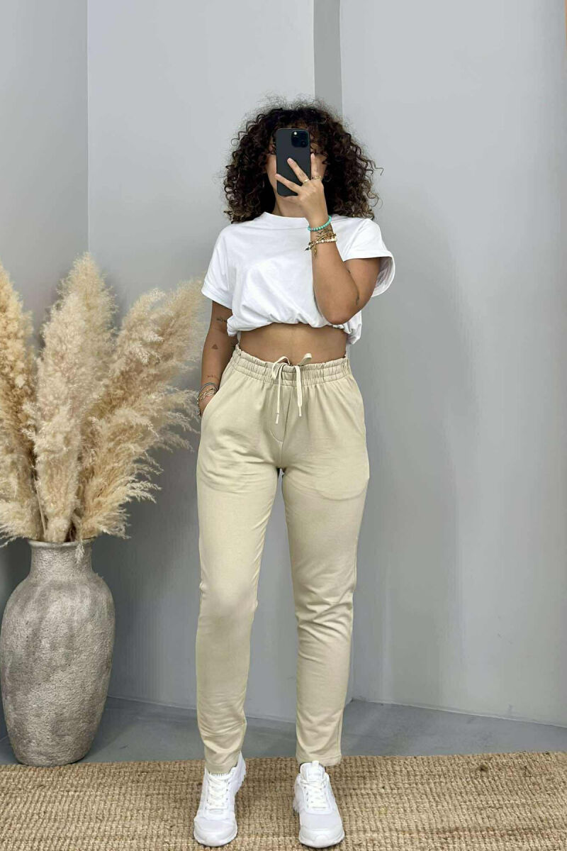 ONE COLOR ELASTIC WAIST SIMPLE WOMEN SWEATPANTS BEIGE/BEZHE - 1
