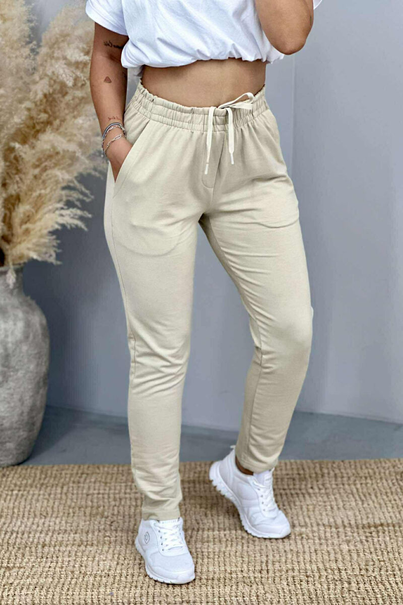 ONE COLOR ELASTIC WAIST SIMPLE WOMEN SWEATPANTS BEIGE/BEZHE - 2