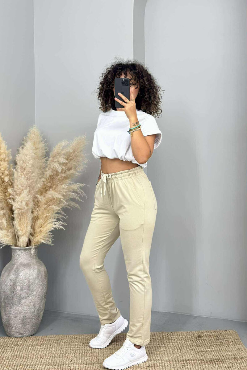 ONE COLOR ELASTIC WAIST SIMPLE WOMEN SWEATPANTS BEIGE/BEZHE - 3