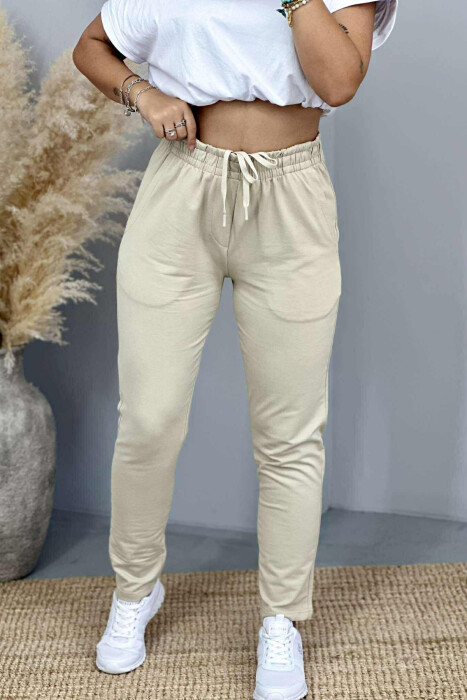 ONE COLOR ELASTIC WAIST SIMPLE WOMEN SWEATPANTS BEIGE/BEZHE - 5
