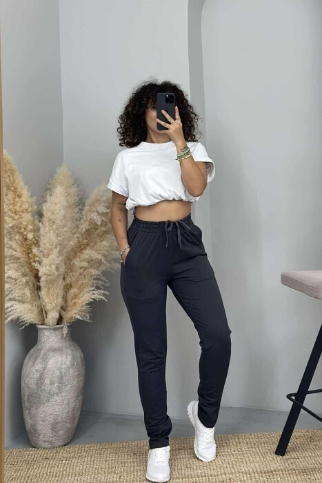 ONE COLOR ELASTIC WAIST SIMPLE WOMEN SWEATPANTS DARK GREY/GEE 