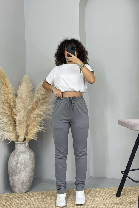 ONE COLOR ELASTIC WAIST SIMPLE WOMEN SWEATPANTS GREY/GRI 