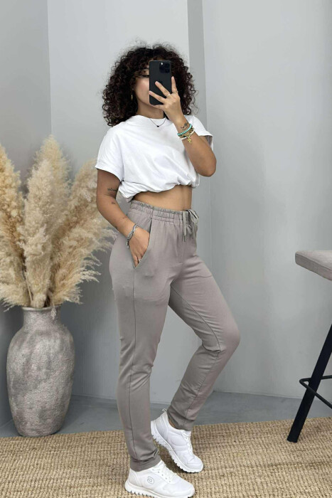 ONE COLOR ELASTIC WAIST SIMPLE WOMEN SWEATPANTS LIGHT GREY/GZ - 3