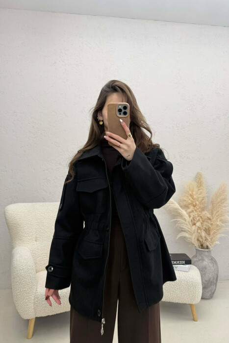 ONE COLOR ELASTIC WAIST WOMAN COAT BLACK/ E ZEZE - 1