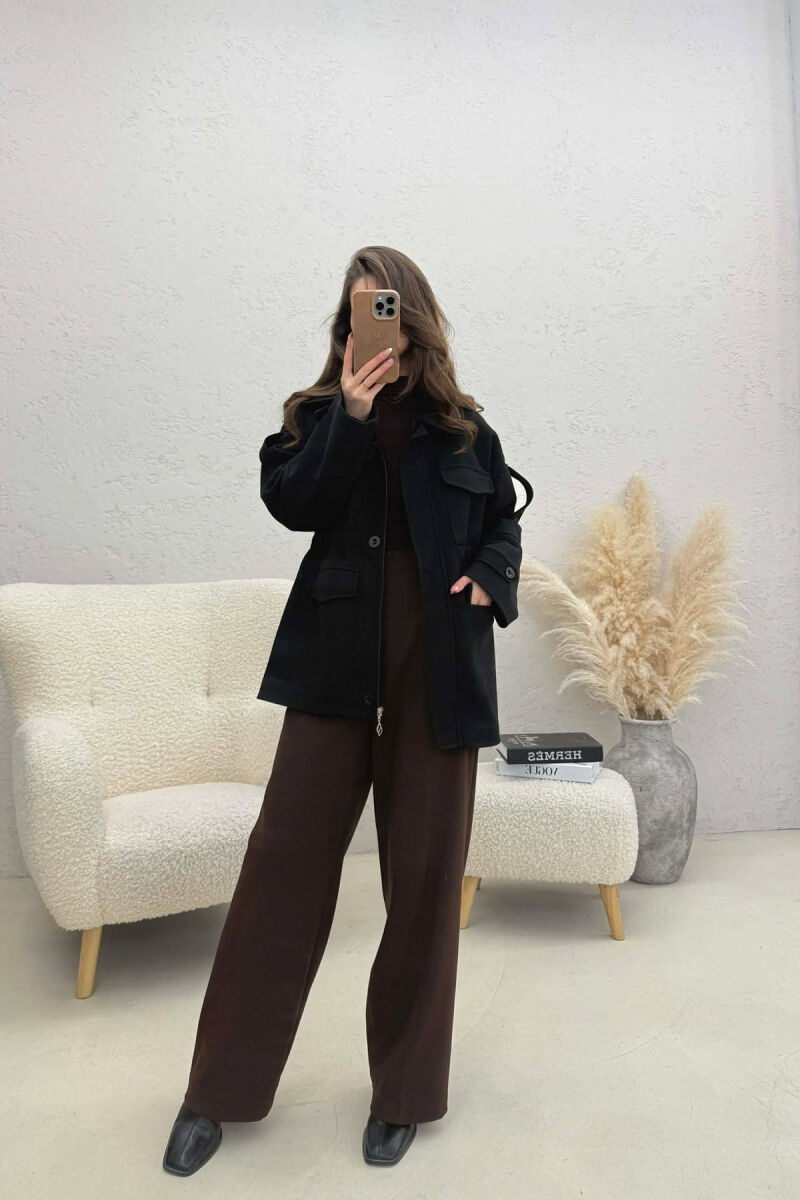 ONE COLOR ELASTIC WAIST WOMAN COAT BLACK/ E ZEZE - 3