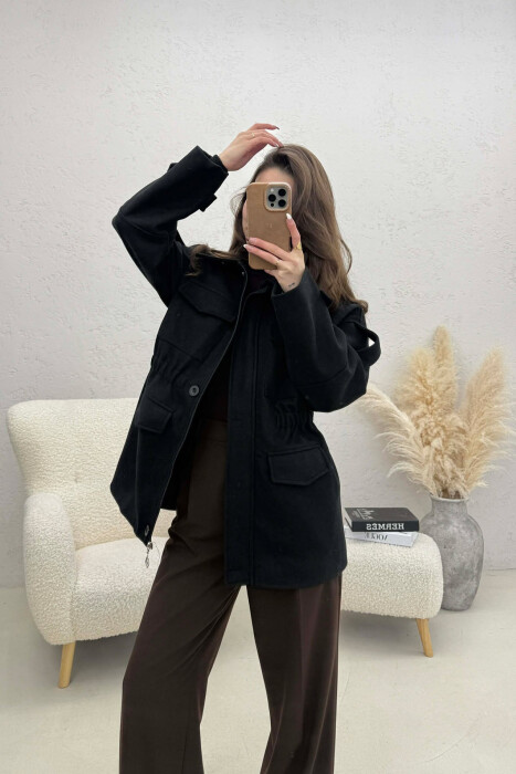 ONE COLOR ELASTIC WAIST WOMAN COAT BLACK/ E ZEZE - 5