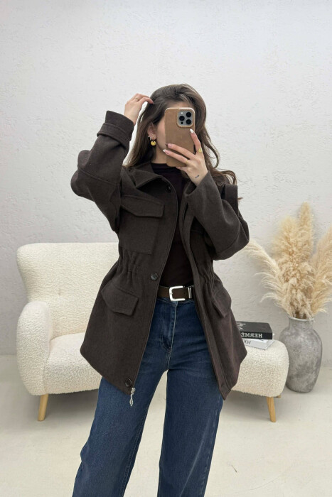 ONE COLOR ELASTIC WAIST WOMAN COAT BROWN/KAFE - KLAUDIO FASHION