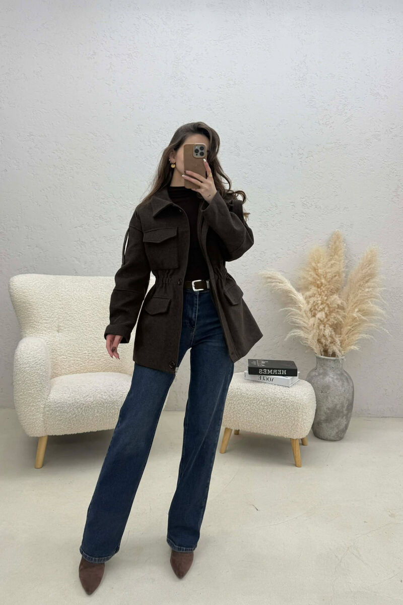 ONE COLOR ELASTIC WAIST WOMAN COAT BROWN/KAFE - 2