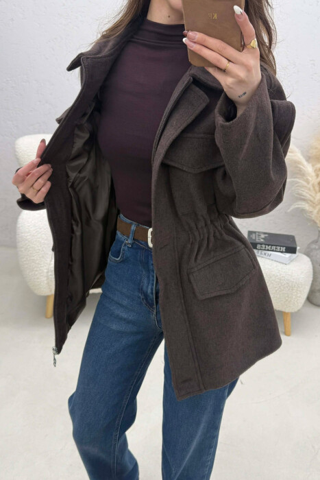 ONE COLOR ELASTIC WAIST WOMAN COAT BROWN/KAFE - 3