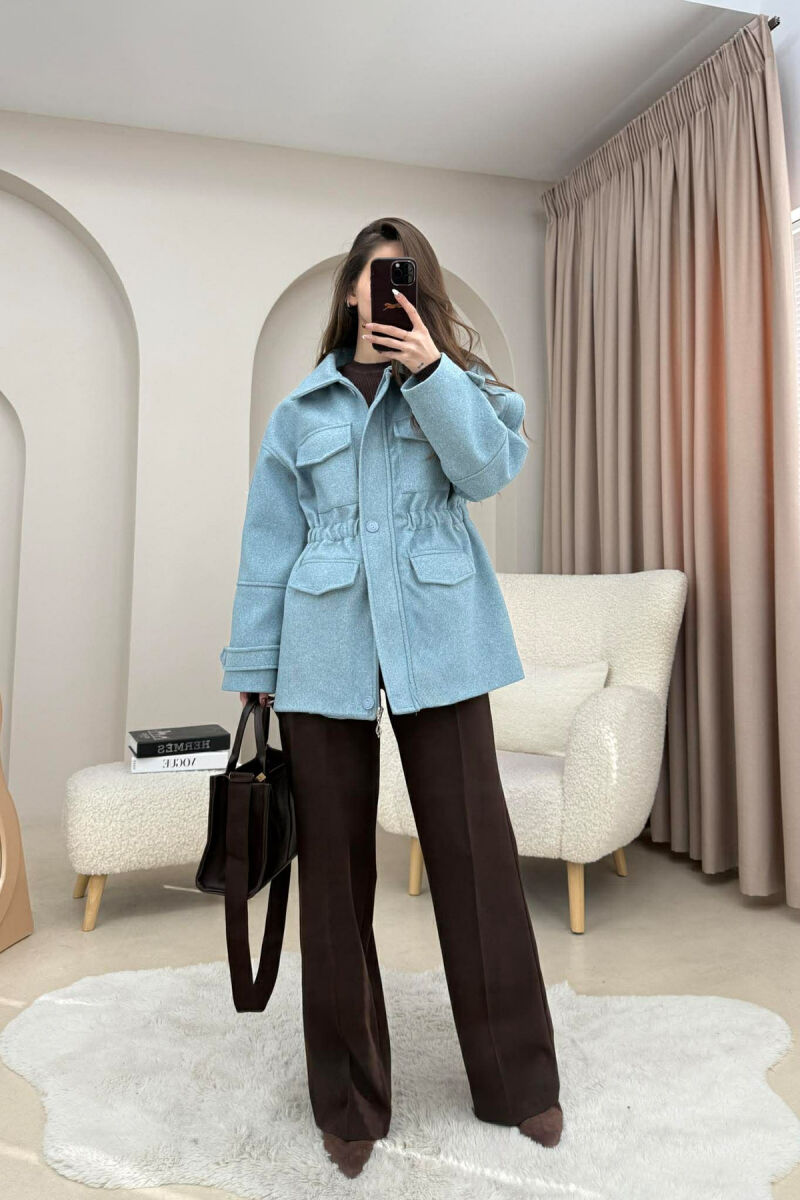 ONE COLOR ELASTIC WAIST WOMAN COAT LIGHTBLUE/BZ - 2