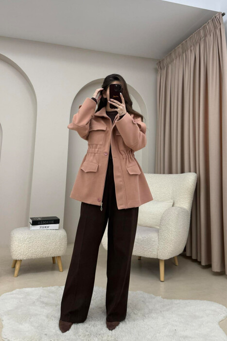 ONE COLOR ELASTIC WAIST WOMAN COAT POWDER/PUDER - 2