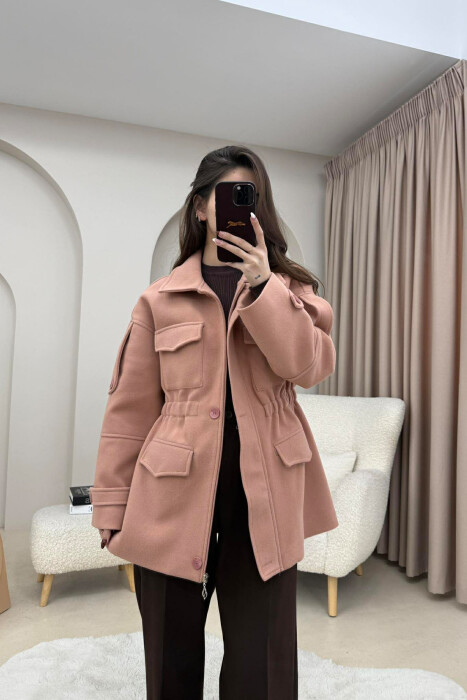 ONE COLOR ELASTIC WAIST WOMAN COAT POWDER/PUDER - 1