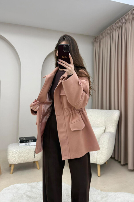 ONE COLOR ELASTIC WAIST WOMAN COAT POWDER/PUDER - 3