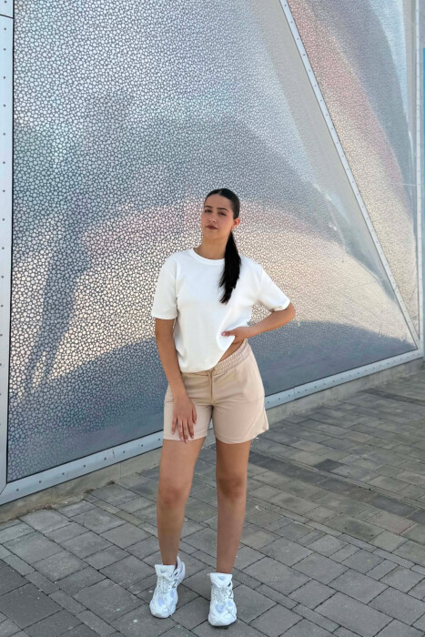 ONE COLOR ELASTIC WAIST WOMAN SHORTS LIGHT BEIGE/BZHZB - 1