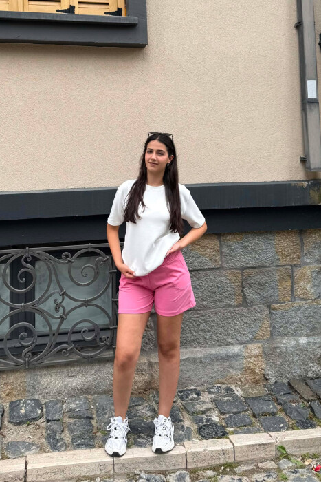 PANTALLONA TE SHKURTRA ME BEL ELASTIK PER FEMRA NE NGJYRE ROZE - KLAUDIO FASHION