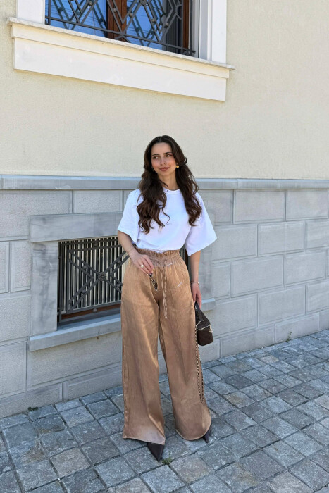 ONE COLOR ELASTIC WAIST WOMAN TROUSERS BEIGE/BEZHE - KLAUDIO FASHION