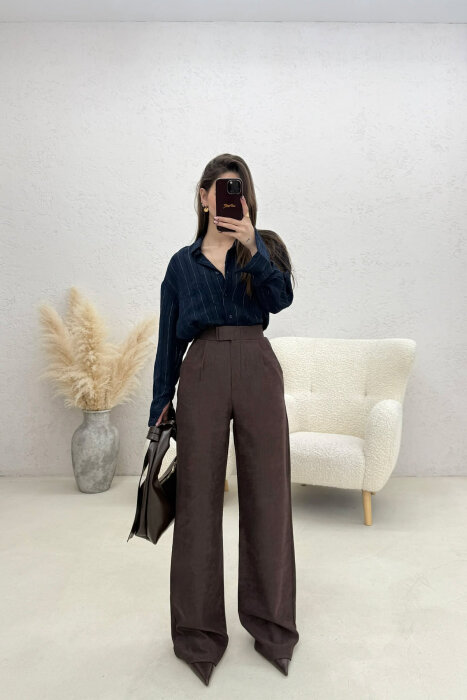 ONE COLOR ELASTIC WAIST WOMAN TROUSERS BROWN/KAFE - KLAUDIO FASHION